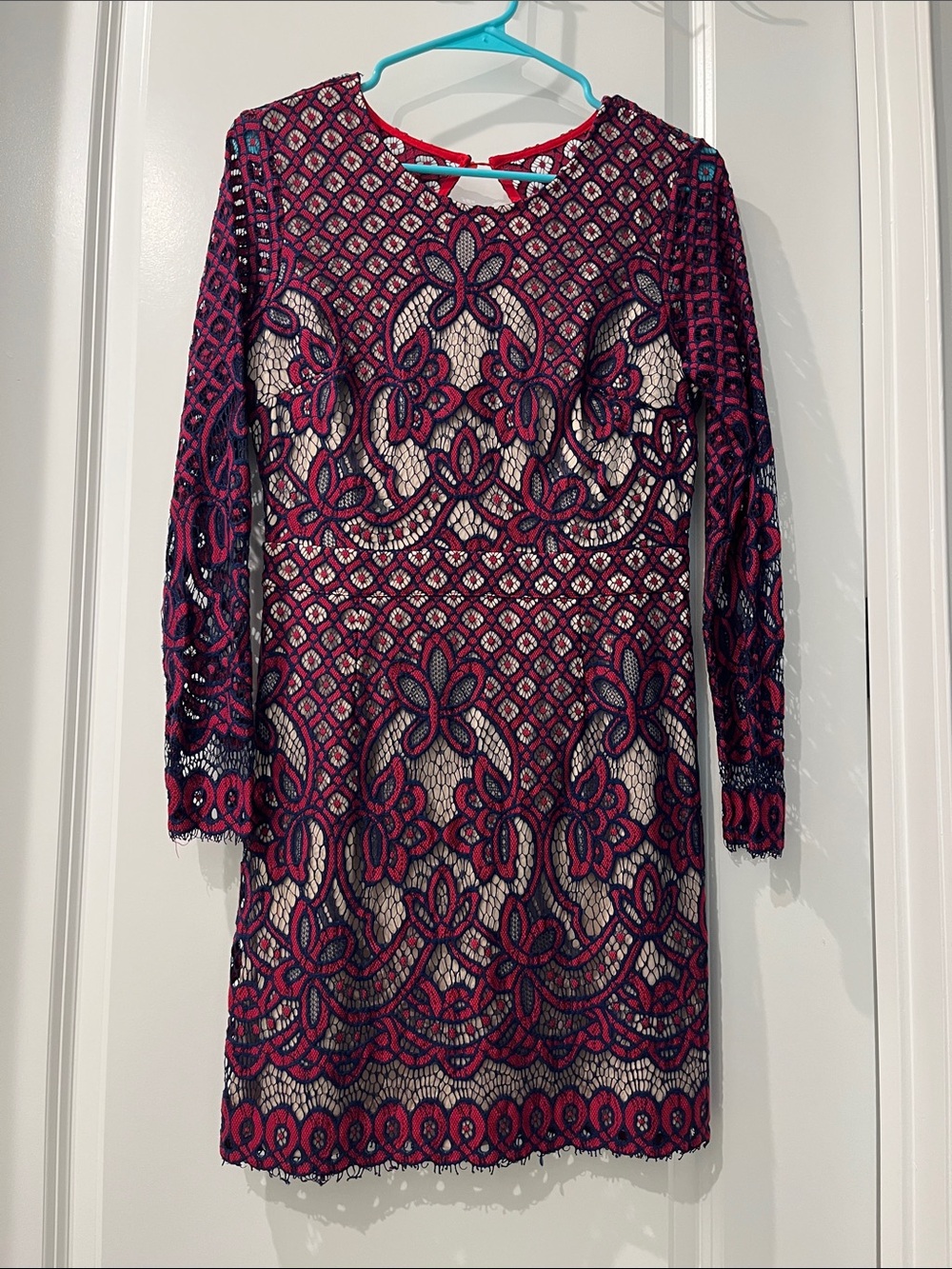 Boohoo Elegant Floral Lace Long-Sleeve Dress in Burgundy and Navy